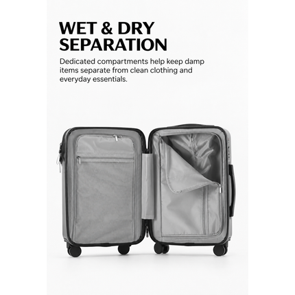 Wet and dry separation compartments inside the Mova Luxe Smart Carry-On