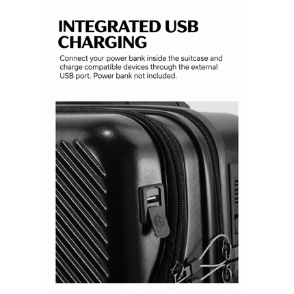 Integrated USB charging port on the Mova Luxe Smart Carry-On