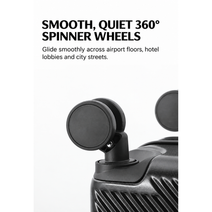 Smooth 360-degree spinner wheel on the Mova Luxe Smart Carry-On