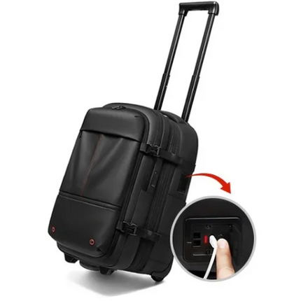 Black Mova Elite Pro-Vac vacuum compression travel backpack with a built in compression system, TSA customs combination lock, wheels and telescopic handle
