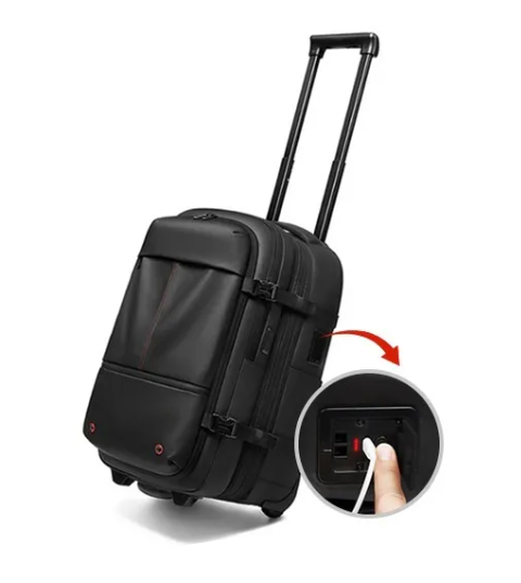 Black Mova Elite Pro-Vac vacuum compression travel backpack with a built in compression system, TSA customs combination lock, wheels and telescopic handle
